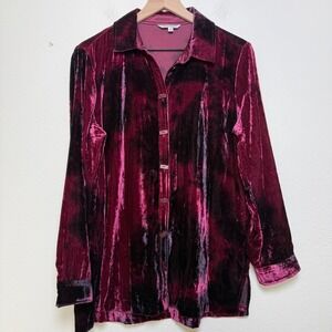 John Mark Women Burnout Velvet Button Front‎ Top Medium Burgundy Lagenlook Tunic